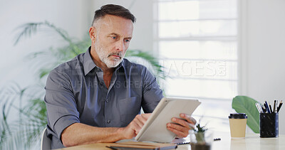 Buy stock photo Tablet, typing and reading with business man in office for project checklist, event manager and research. Program schedule, planning and email guest list with mature person for timeline and progress