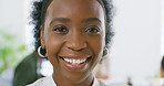 Portrait, creative and black woman with smile, office or confident for career growth and journalist. Employee, reporter and person with ambition for job opportunity, media and happy in newsroom