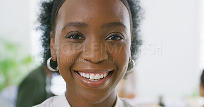 Buy stock photo Portrait, creative and black woman with smile, office or confident for career growth and journalist. Employee, reporter and person with ambition for job opportunity, media and happy in newsroom