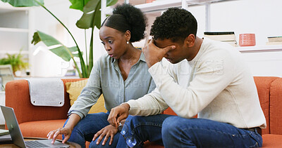 Buy stock photo Budget, laptop and stress with couple on sofa in living room of home together for investment. Computer, debt and finance with unhappy people in apartment for bankruptcy, money loss or tax review