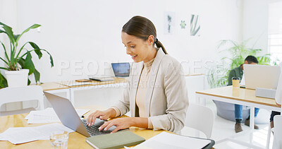 Buy stock photo Happy, office and businesswoman with laptop for copywriting, news and research project. Startup, smile or copywriter in creative workplace for article post, email marketing and networking online