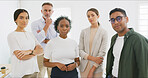 Portrait, team or creative business people in office for collaboration with journalists. Group, arms crossed or staff together with confidence, our vision or about us with news reporters in workplace