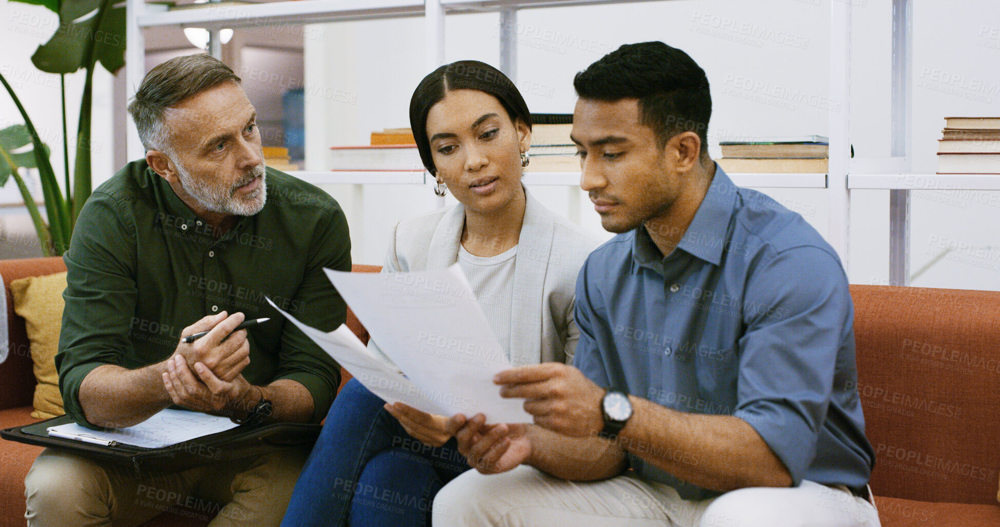 Buy stock photo Team, people and paperwork for feedback in office for business proposal, idea or report. Document, discussion and employees with support for review or creative project management in workplace