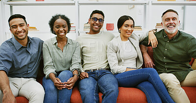 Buy stock photo Team portrait, smile and business people on couch for solidarity, about us or writers laugh. Group, sofa and happy workers in office lounge with creative editor for support, pride or collaboration