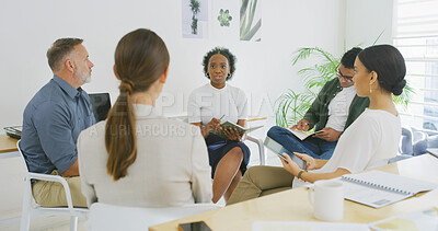 Buy stock photo Group, woman and meeting with staff in office for discussion, planning and article feedback. People, journalist and manager speaking for teamwork, story brainstorming and information for publication