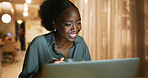 Happy, black woman and night with laptop at house for research, proofreading article and multitasking. Journalist, food and pc for reading story, check facts and information for publication deadline