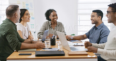 Buy stock photo Collaboration, conversation and meeting with business people in office boardroom for review. Feedback, project management and update with employee team in professional workplace for discussion