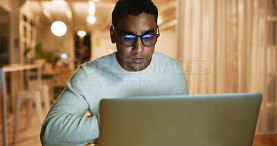 Buy stock photo Laptop, reading and web designer with business man in office for overtime work on programming at night. Bokeh, computer and evening with website programmer at desk in workplace for design deadline