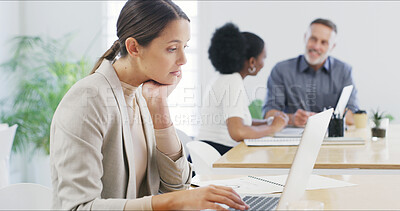 Buy stock photo Laptop, thinking and typing with business woman in office for project proposal, event manager and budget. Program schedule, planning and creative agency with person for coworking idea or inspiration