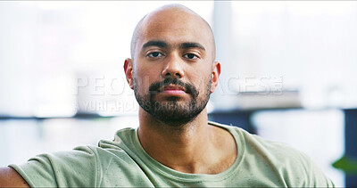 Buy stock photo Portrait, serious and man relax at house for day off, calm morning and peace for weekend break. Confident, male person and rest with attitude for free time, chilling and unwind for wellness at home