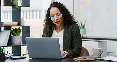 Buy stock photo Business woman, laptop and typing for admin, employee benefits and management in office. Female person, technology or HR manager on internet for staff communication, compliance or recruitment