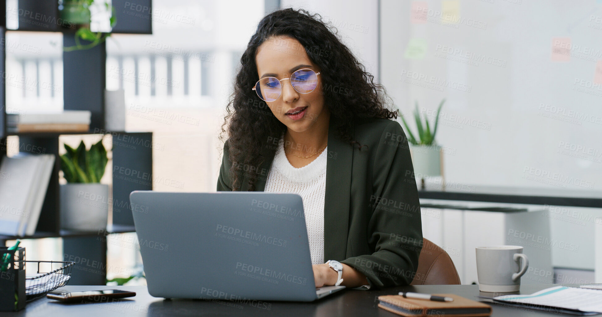 Buy stock photo Business woman, laptop and typing for admin, employee benefits and management in office. Female person, technology or HR manager on internet for staff communication, compliance or recruitment