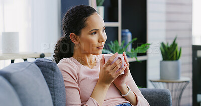 Buy stock photo Coffee, relax and woman on sofa in home with calm, peaceful or morning on weekend break. Happy, tea and female person drinking warm beverage or latte with smile on couch in living room at apartment.