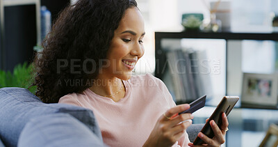Buy stock photo Woman, phone and happy with credit card on sofa for online shopping, discount deal or easy checkout. Fintech, relax or person with banking app in home for internet payment, sale purchase or ecommerce