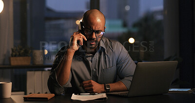 Buy stock photo Night, talking and man with document, phone call or accountant with financial advice, chat or online. Working late, consultant or person with laptop for deadline, mobile and communication in business