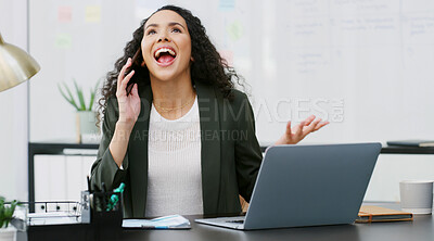 Buy stock photo Business, celebration and woman in office, phone call and bonus with investment success. Person, cellphone and employee with victory, reaction or excited with profit increase, cheering or achievement
