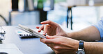 Person, hands and typing with tablet in office for business research or project planning. Closeup, employee or event planner scrolling with technology for online report, schedule or app in workplace