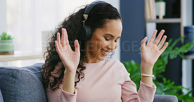 Buy stock photo Headphones, relax and woman, on couch, home and youth radio in living room. Apartment, song and happy person on sofa, hip hop and streaming for audio, sound and listening to music and mental health