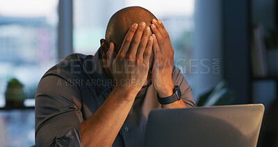 Buy stock photo Business, headache and man with pain, laptop and tired with fatigue, journalist and exhausted. Stress, person and employee in office, pc and migraine with anxiety, pressure and burnout with mistake