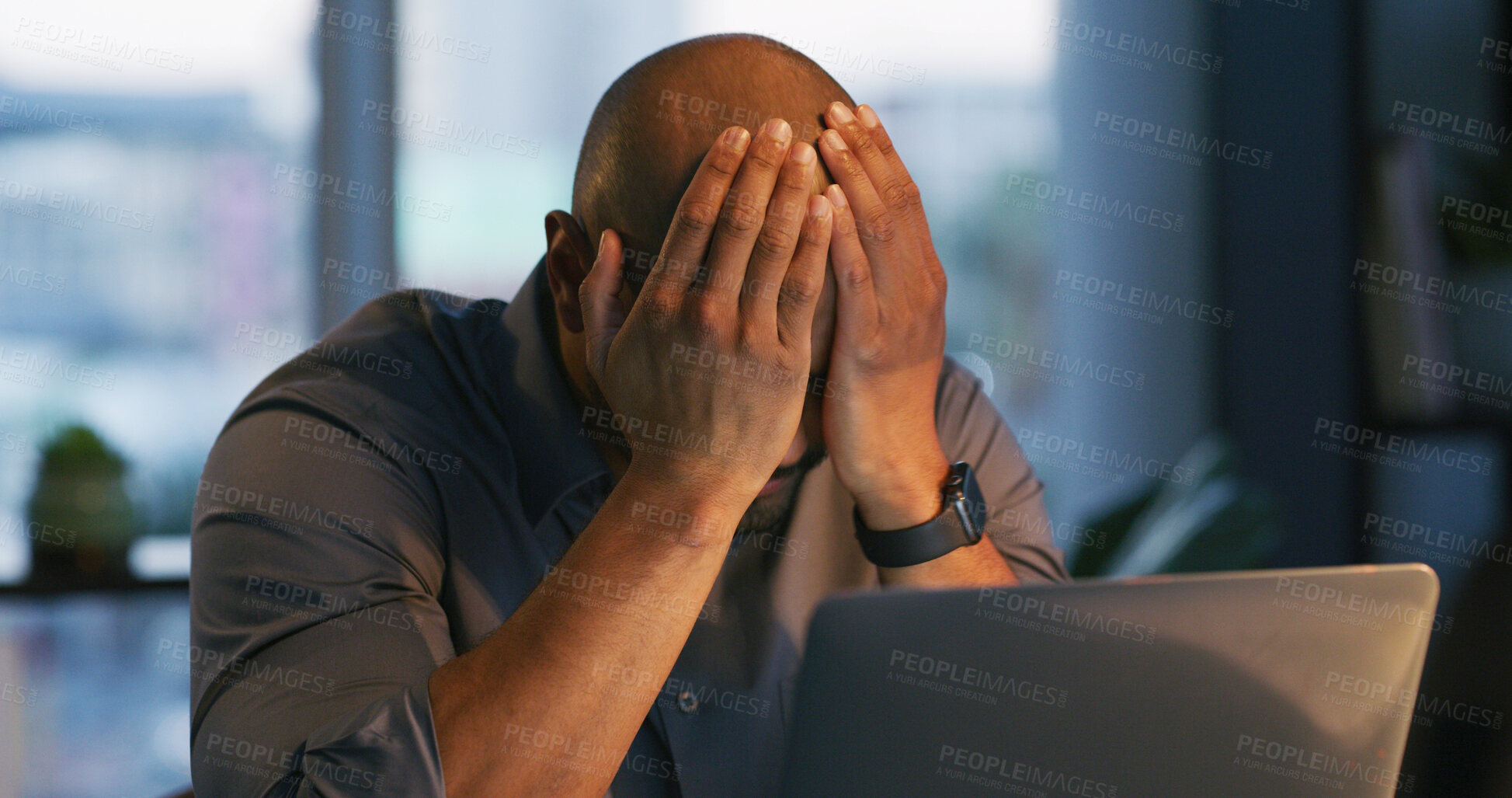 Buy stock photo Business, headache and man with pain, laptop and tired with fatigue, journalist and exhausted. Stress, person and employee in office, pc and migraine with anxiety, pressure and burnout with mistake