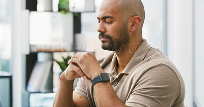 Buy stock photo Worry, man and thinking in home with stress for bad decision, regret mistake or financial crisis. Mental health, person or serious with reflection in house for bankruptcy, debt concern or uncertainty