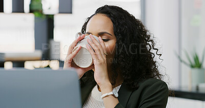 Buy stock photo Office, drinking and business woman with coffee at desk on laptop for working, project and internet. Professional, corporate and person with beverage on computer for proposal, website and research