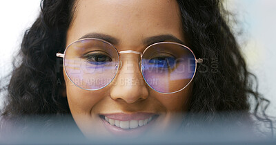 Buy stock photo Happy, employee and woman with glasses, office and planning for lawsuit with laptop or legal system. Online, research and person with smile for evidence, attorney and preparing for case in law firm