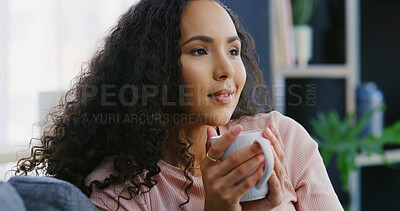 Buy stock photo Coffee, thinking and woman on sofa in home with calm, peaceful or morning on weekend break. Relax, ideas and female person drinking warm beverage or latte with smile on couch in living room at house.