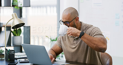 Buy stock photo Office, laptop and business man with coffee at desk online for working on project, report and proposal. Professional, startup and person with beverage on computer for review, website and research