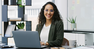 Buy stock photo Laptop, smile and glasses with business woman in office for portrait, blog writer and journalist. Article column, planning and reading with person in agency for story editor and publish schedule