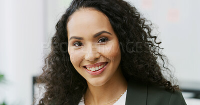 Buy stock photo Happy woman, portrait and business pride with positive attitude or expression in office. Face, female person or creative designer with smile of proud employee for career, job opportunity or workplace