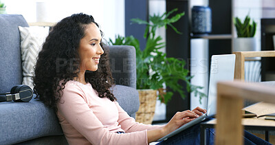 Buy stock photo Laptop, typing and woman in home with remote work for creative project in living room. Happy, technology and female editor on computer for online article for publishing with freelance job in house.