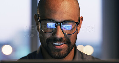 Buy stock photo Online, laptop and man with glasses, office or research for troubleshooting, cybersecurity or night. Working late, software engineer and person with reflection on eyewear, code review and bokeh