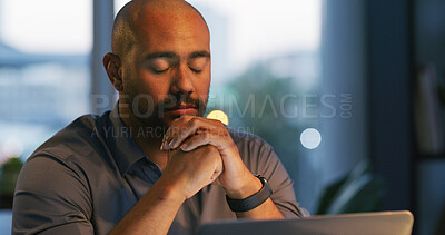 Buy stock photo Night, sleeping and man on laptop in office for fatigue, burnout or news report in agency. Evening, low energy or tired journalist resting in startup for blog article, story or research with business