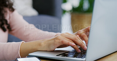 Buy stock photo Hands, person and typing on laptop at house for remote work, editing article and proofreading. Woman, freelancer and PC for website research, editor feedback and review story for publication schedule
