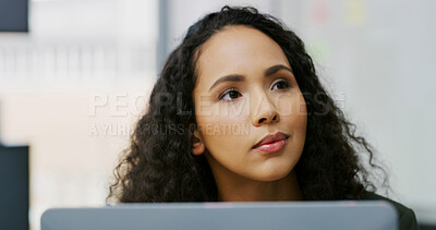 Buy stock photo Business woman, laptop and thinking in office for management, employee benefits and admin. Female person, technology or HR manager on internet for staff communication, compliance or recruitment