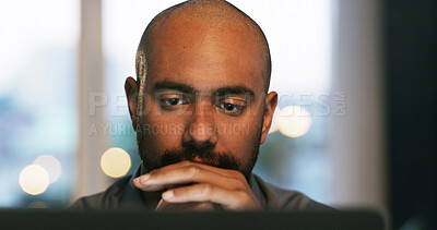 Buy stock photo Technology, startup or man in office for reading error, research or troubleshooting solution. Programmer, update and developer with PC glitch on website for thinking, problem solving or online review