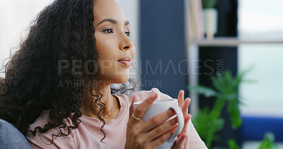 Buy stock photo Coffee, smile and woman on sofa in home with calm, peaceful or morning on weekend break. Happy, tea and female person drinking warm beverage or latte with relax on couch in living room at apartment.