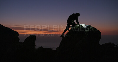 Buy stock photo Mountain climbing, silhouette and sunset with person on peak for adventure or journey. Exercise, sky space and travel with hiker outdoor at summit in nature for evening hobby, fitness or health
