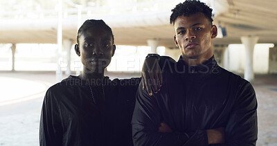 Buy stock photo Portrait, fitness and couple in city, support and challenge with exercise, athlete and urban town. Healthy people, man and woman with training, wellness and workout with confidence in New York