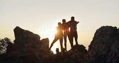 Buy stock photo Back, hiking and hug with people in mountains at sunset for adventure, bonding or journey. Mountain, success and victory with group of friends embracing outdoor in nature for health, hobby or travel