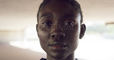 Buy stock photo Portrait, athlete and black woman for fitness outdoor with pride, exercise and training break. Face, female person and resting from urban workout, sports challenge and marathon practice for wellness
