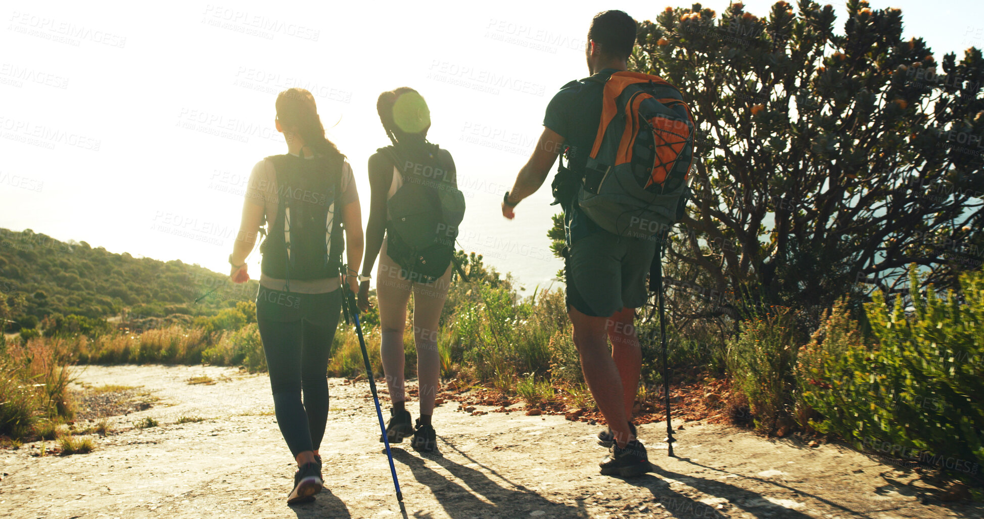 Buy stock photo People, friends and travel for hiking on mountain for fitness, trekking journey and explore nature. Back, women and man for backpacking adventure, holiday discovery and wellness hobby of getaway trip