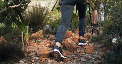 Buy stock photo Walk, legs or person on trail for trekking journey, outdoor adventure or hiking together. Back, footwear or shoes of hikers in forest for travel, vacation or hobby for tourism discovery with stick
