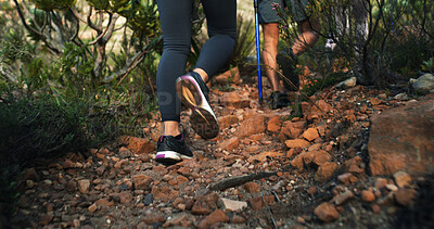 Buy stock photo Hill, legs or people in nature for trekking journey, outdoor adventure or hiking shoes. Trail, footwear or hikers in forest for travel, fitness or hobby for discovery or walk together with friends