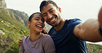 Couple, portrait and selfie for hiking, smile and hug on mountain, love and excited in nature. Man, happy woman and photography for memory, profile picture and social media for trekking in Mexico