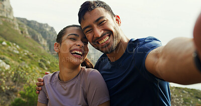 Buy stock photo Couple, portrait and selfie for hiking, smile and hug on mountain, love and excited in nature. Man, happy woman and photography for memory, profile picture POV and social media for trekking in Mexico