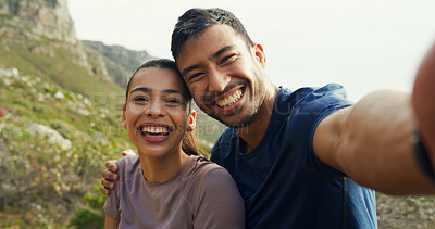 Buy stock photo Happy couple, selfie and portrait for hiking on mountain, hug and laugh with live stream for adventure in nature. Woman, man and photography for memory, smile or social media for trekking in Mexico