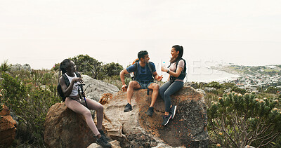 Buy stock photo Relax, hiking and support with friends in nature for trekking, adventure and summer vacation. Explore, backpacking and mountain with group of people outdoor for bonding, talking and holiday tourism