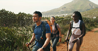 Buy stock photo Friends, people and hiking in nature for travel, holiday or group walking on vacation together. Man, women and outdoor with trekking pole for adventure, expedition or explore mountain path on journey